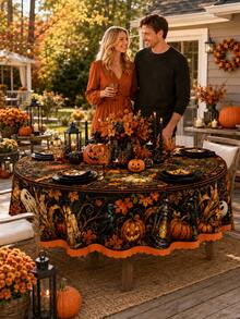 1pc Halloween Pumpkin Lantern Crow Ghost Tablecloth, Vintage Autumn Pumpkin Skull Bat Full Moon Print Round/Rectangular Tablecloth, Spooky Farmhouse Style Halloween Dinner Party Table Decor, Autumn Holiday Tablecloth - Multicolor - View 12