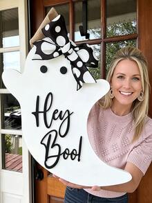 1pc Wooden Halloween Ghost Door Hanging Decor, Cute Bow Decoration, Suitable For Front Door Wall, Spooky Home Entryway Decoration, Indoor/Outdoor Farmhouse Country Style Halloween Decor, Suitable For Porch Living Room, Autumn Holiday Party Supplies - Multiple Styles - View 6
