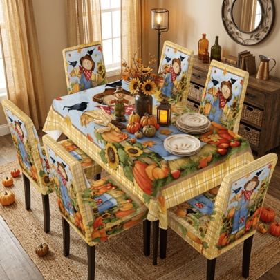 1/4/5/6/7/36pcs Autumn Series Watercolor Scarecrow Harvest Pattern Printed Chair Covers/Chair Slipcovers Set, Suitable For Indoor Home, Restaurant, Hotel, Ideal Choice For Modern Daily Decoration. Tablecloth Suitable For Square Dining Table, Elastic Chair Covers Are Washable.