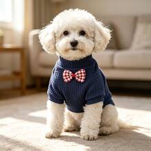 1pc Waffle Knit Pet Shirt With Gentleman Bow Tie, Suitable For Poodle, Teddy, Maltese Puppy And Cat - Navy Blue - View 7