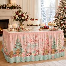 Merry & Bright Christmas Tablecloth, Macaron Candy Color Polyester Fabric, Printed With Gingerbread Man, Christmas Tree, Snowflake And Candy Cane 2D Patterns, Suitable For Holiday Parties, Family Dinners And Home Decor - A - View 5