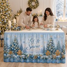 Blue Christmas Table Skirt, Snowflake Pattern, Let It Snow Design, Christmas Tree And Gingerbread Man Print, Winter Wonderland Holiday Table Decor, Elegant Polyester Tablecloth, Suitable For Christmas Dinner Party, Family Gathering And Holiday Celebration - A - View 9