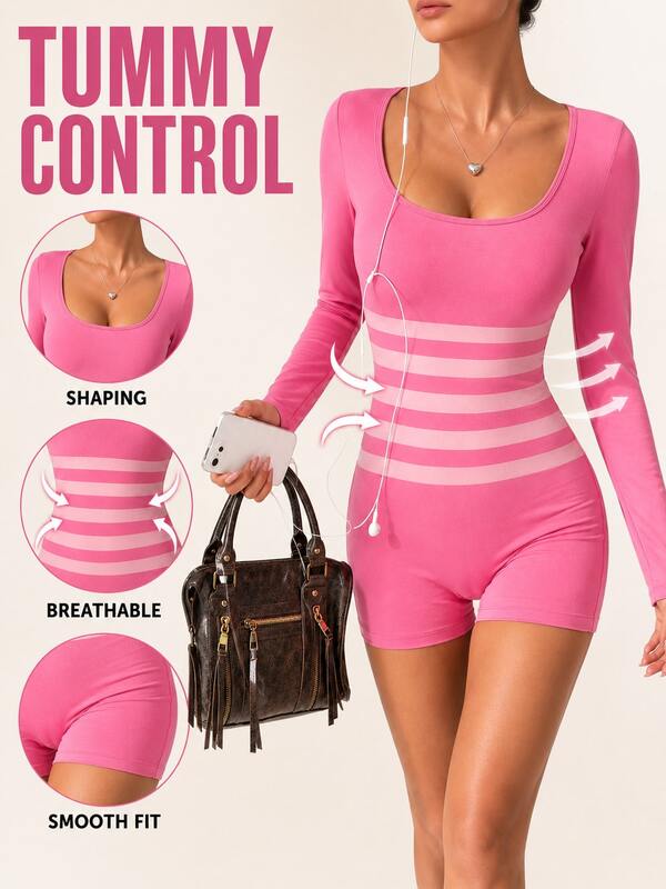 Oillpretty 1pc Pink Contrast Color Horizontal Stripe U-Neck Long Sleeve Romper, High Elastic Skin-Friendly Slim Fit Fabric Contours Body Shape, Waist Horizontal Stripe Shaping Design Outlines Slim Waist, U-Shaped Generous Neckline Accentuates Collarbone Lines, Thumb Hole Cuff Design, Short Shorts Style Prevents Exposure, Sweet Cool Hot Girl Style, Suitable For Daily Outings, Light Sports Fitness, Dating Gatherings, Casual Vacation Wear