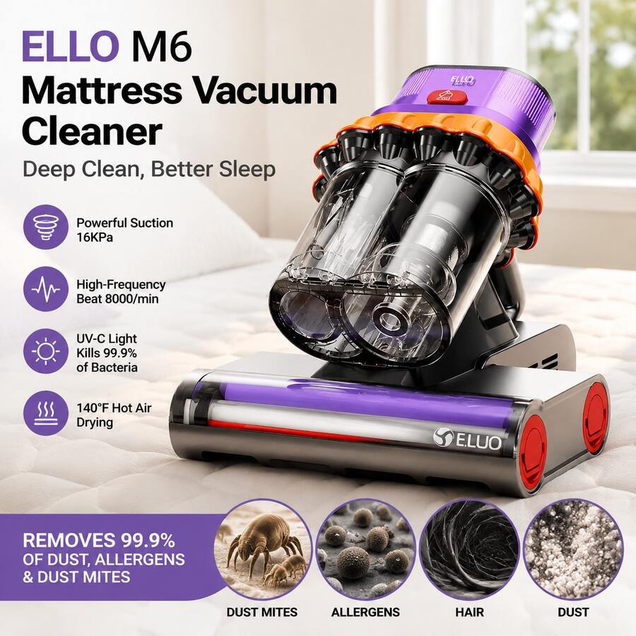 E.LUO Mattress Vacuum Cleaner, Anti-Allergen Bed Vacuum Cleaner With UV-C Light & High Heating Tech, 18Kpa Suction 400W Powerful Handheld Vacuums For Dust & Pet Hair - 查看 1