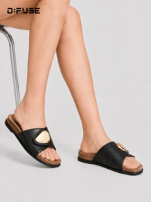 D:FUSE Women's Gold Metal Buckle Open Toe Slip-On Flat Low Heel Sandals, Office Lady Style, Summer Daily Date Beach Vacation Wedding Comfortable Black PU Slides - Black - View 9