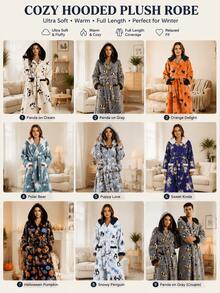 1pc Autumn/Winter Relaxed Multi-Color Animal & Fruit Print Flannel Long Bathrobe With Two Pockets, Tie Waist, Hooded Couple Robe - Multicolor - View 9
