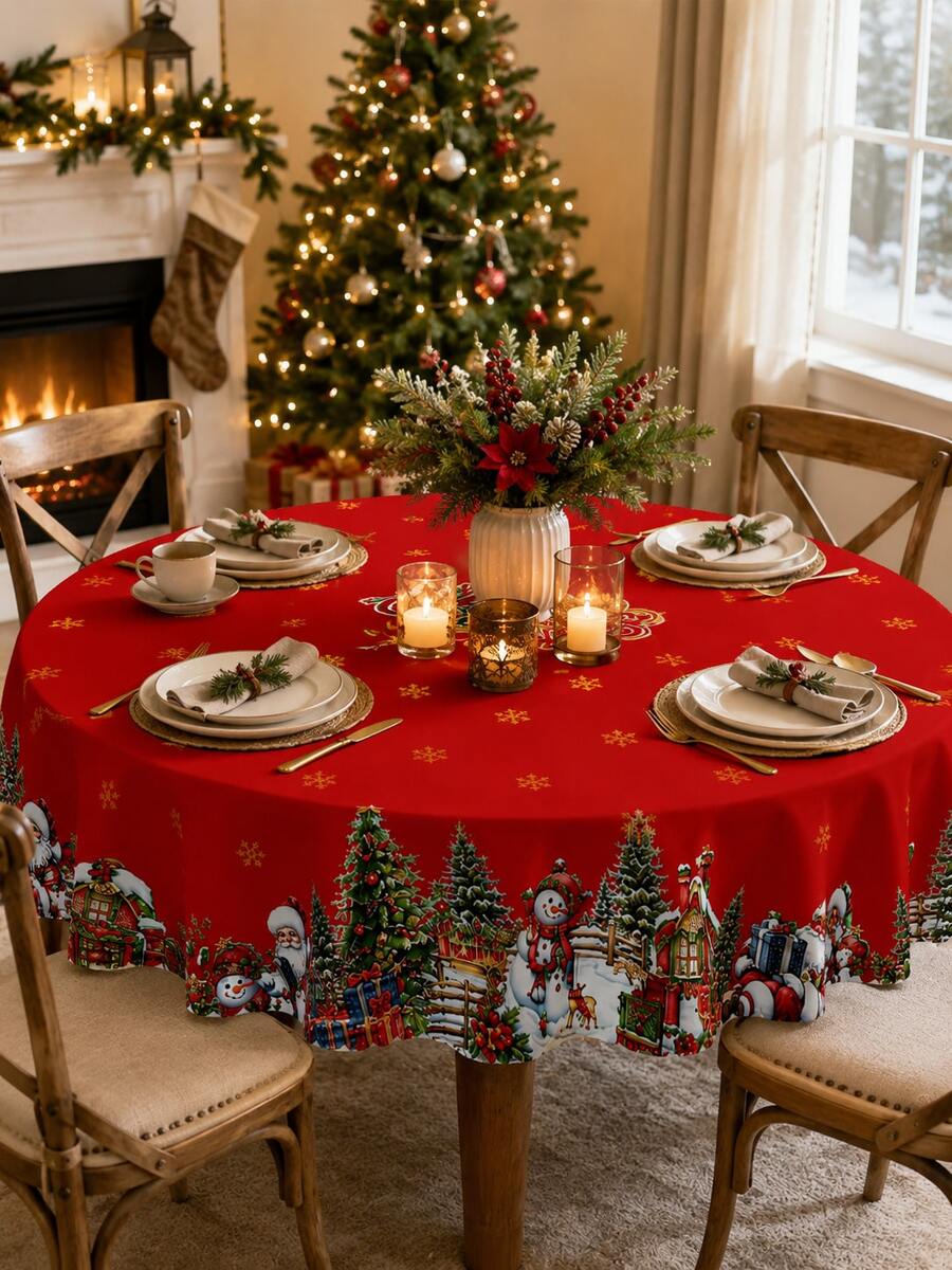 1件紅色「Merry Christmas」印花派對桌布(附聖誕老人與雪人圖案),聚酯纖維材質,適合居家廚房或節日餐桌裝飾桌布 - 彩色 - 查看 1