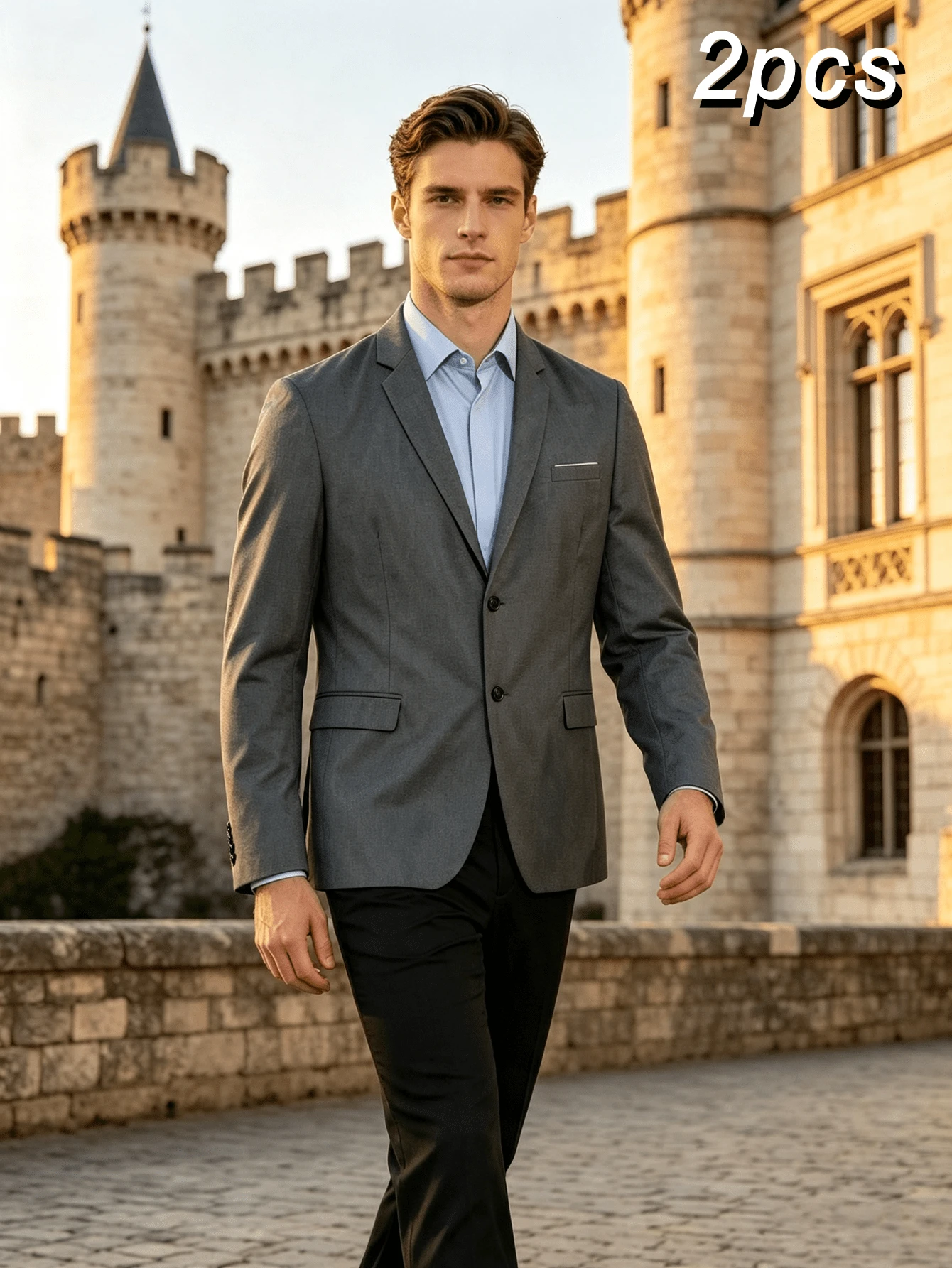 Elegant Men's Luxury 2 Pieces Suit, Grey Slim Fit Single-Breasted Double-Button Notch Lapel Blazer With Black Dress Pants, Sophisticated Business Formal Outfit For Office, Banquet, Wedding And Ceremony - Multicolor - View 1