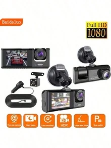New 2-Inch HD Night Vision 3-Lens Dash Cam, 1080P In-Car & External Monitoring Cyclic Recording, Built-In 150mAh Lithium Battery - 黑色 - 查看 1