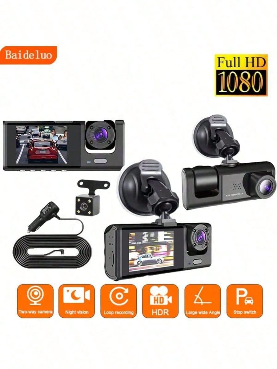 New 2-Inch HD Night Vision 3-Lens Dash Cam, 1080P In-Car & External Monitoring Cyclic Recording, Built-In 150mAh Lithium Battery - 黑色 - 查看 1