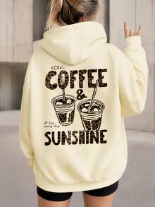 1pc Women's Pale Yellow Hooded Sweatshirt, Leopard Print Coffee Cup Slogan Graphic, Vintage Y2K Style Casual Fall - Apricot - View 3