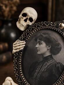 1pc Gothic Skull Photo Frame, Vintage Skeleton Tabletop Picture Frame With Ornate Oval Design, Decorative Frame For Desk, Bookshelf, Mantel & Home Decor - A - View 4