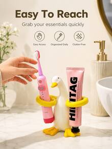 This Charming "Hugging Duck" Ceramic Toothbrush Holder Is Both A Toothbrush Storage Rack And A Bathroom Countertop Organizer; Its Unique Duck Design Combines Fashion And Practicality, Making It A Multifunctional Elegant Accessory For The Bathroom Vanity. - Multicolor - View 3