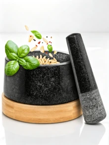 14cm Natural Granite Mortar Set With Extended-Handle Pestle And Wooden Stand – Manual Grinding Bowl For Spices, Herbs And Nuts At Home – European-Style Kitchen Utensils - Black - View 1