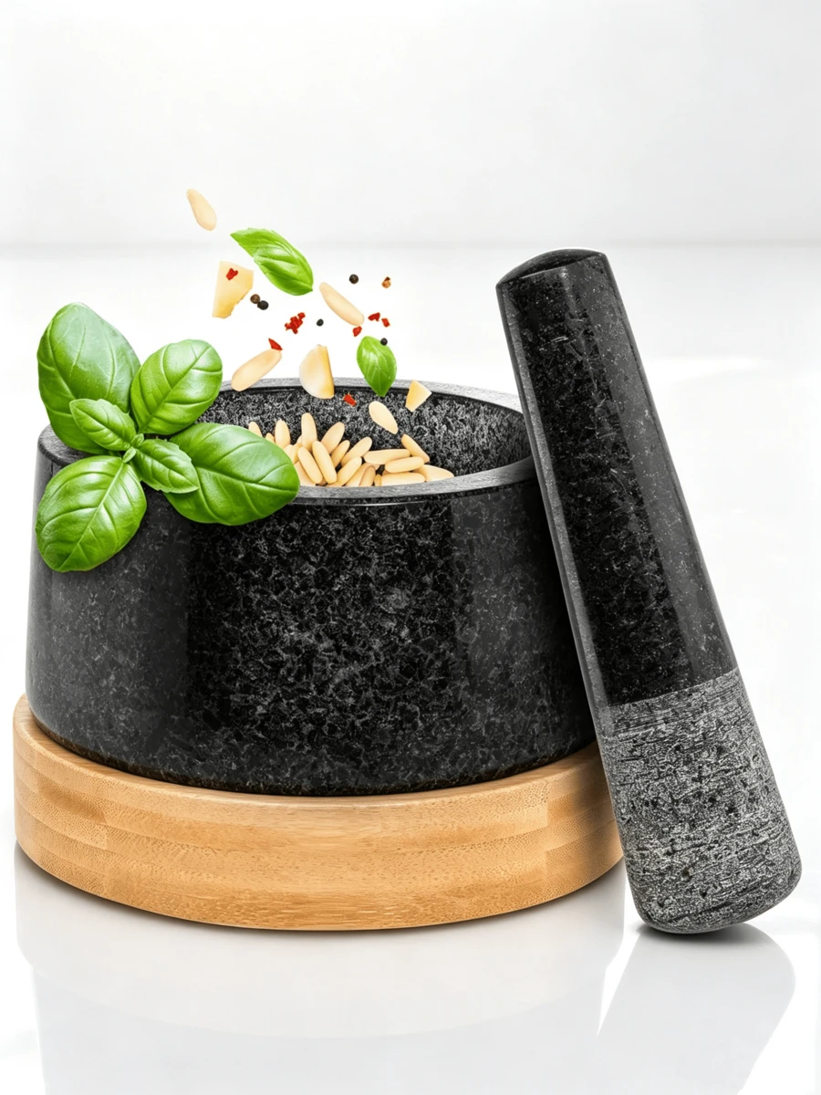 14cm Natural Granite Mortar Set With Extended-Handle Pestle And Wooden Stand – Manual Grinding Bowl For Spices, Herbs And Nuts At Home – European-Style Kitchen Utensils - Black - View 1