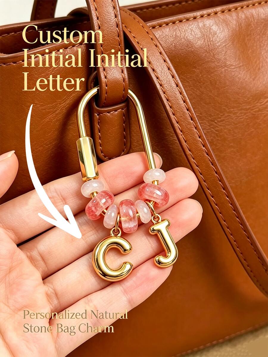 Personalized Initial Natural Stone Bag Charm Keychain, Fashion Jewelry Gift, Suitable For Women's Birthday, Bridesmaid, Daily Wear, Compatible With Tote Bags And Shoulder Bags - Multicolor - View 1