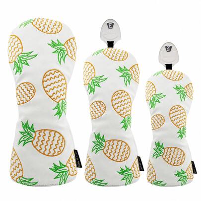 Pineapple Golf Headcovers For Driver Fairway Wood & Hybrid, PU Leather Golf Club Head Cover Set, Embroidered Tropical Fruit Design, Protective Wood Covers, Fun Golf Accessories For Men Women