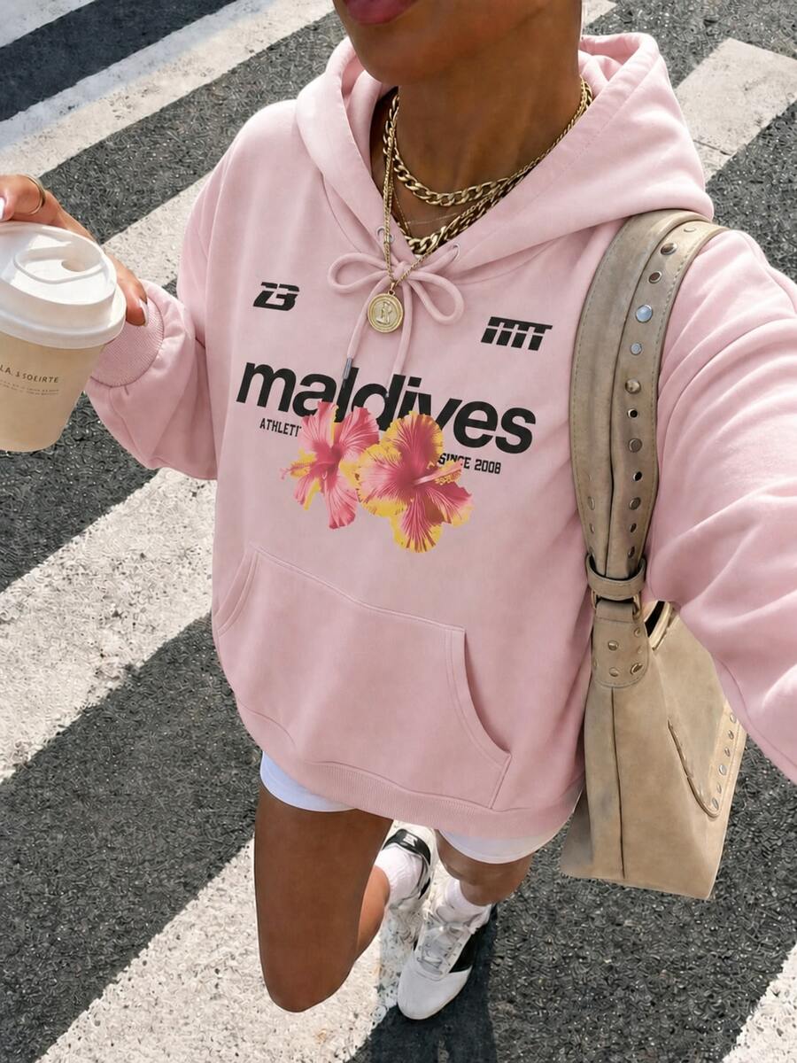 Maldives Hibiscus Flower Letter Print Light Pink Loose Hooded Sweatshirt Y2K Tropical Sweet Girl Casual Drawstring Pocket Sweatshirt Fall - Pink - View 1
