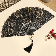 Black & Gold Foil Butterfly Rose Chinese Style Printed Folding Fan With Tassel, Handheld Fan For Evening Gown, Cheongsam, Hanfu, Runway Show, Each Fan Face Color, Pattern And Design Position May Vary Slightly - Multicolor - View 5