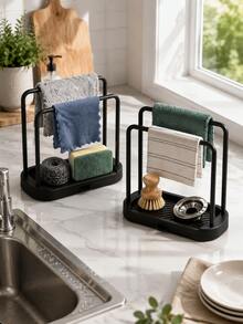 2pcs Kitchen Sink Organizer Rack, Draining Tray, Sponge And Dishcloth Holder, Countertop Cleaning Brush And Scouring Pad Storage Solution, Space-Saving Multifunctional Sink Storage Basket, Black - Multicolor - View 12