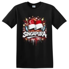Singapur-Flaggen-T-Shirt mit Mikrofonen, Graffiti, Feuerwerk, patriotisches Musik-T-Shirt - Schwarz - Übersicht 1