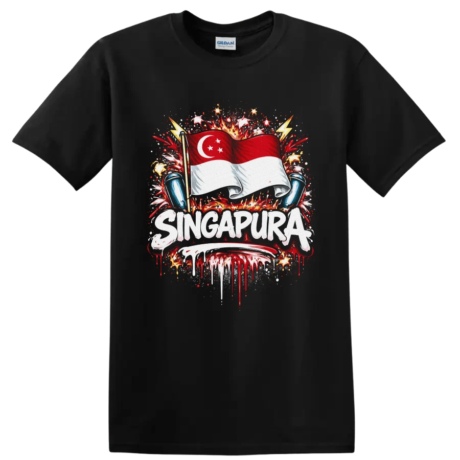 Singapur-Flaggen-T-Shirt mit Mikrofonen, Graffiti, Feuerwerk, patriotisches Musik-T-Shirt - Schwarz - Übersicht 1
