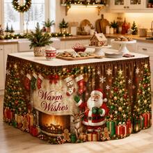 Christmas Table Skirt, Printed With Santa Claus, Fireplace And Tree Pattern, Warm Holiday Blessing Polyester Fabric Tablecloth, Comfortable Christmas Party Decoration, Suitable For Dining Room, Home Gathering, Winter Home Decor - A - View 6
