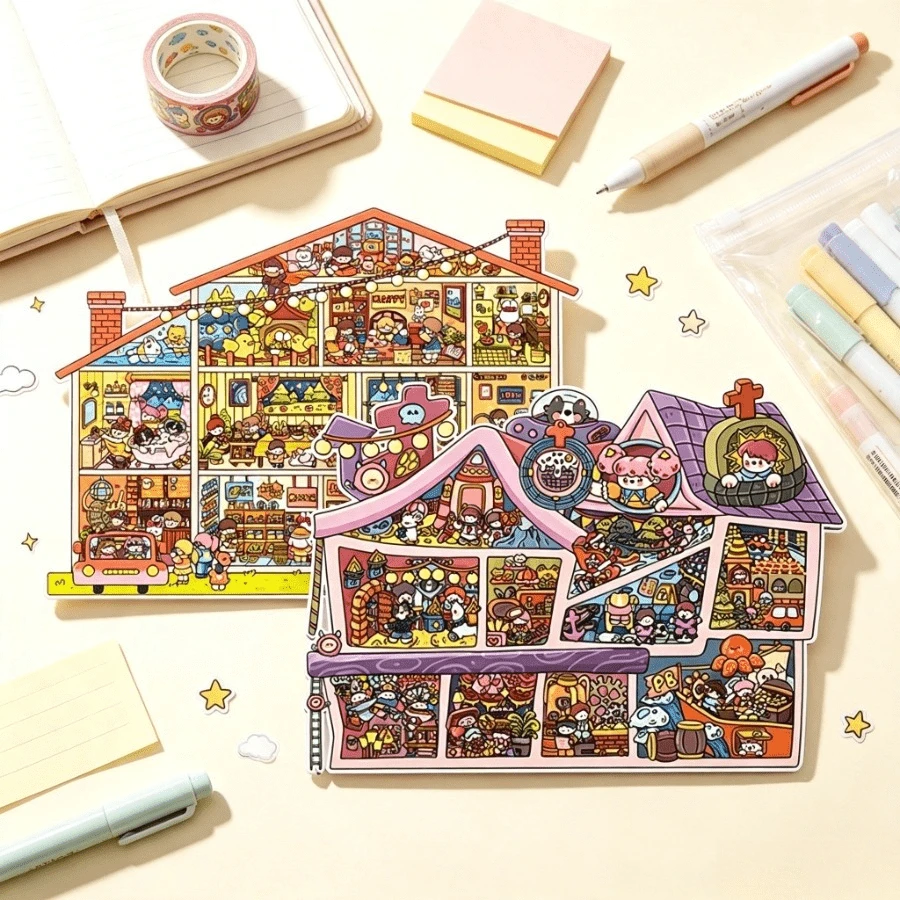 1pc 3D House Scene Sticker, Mini Stress Relief DIY Handmade Scene Making Sticker - Style 1 - View 1