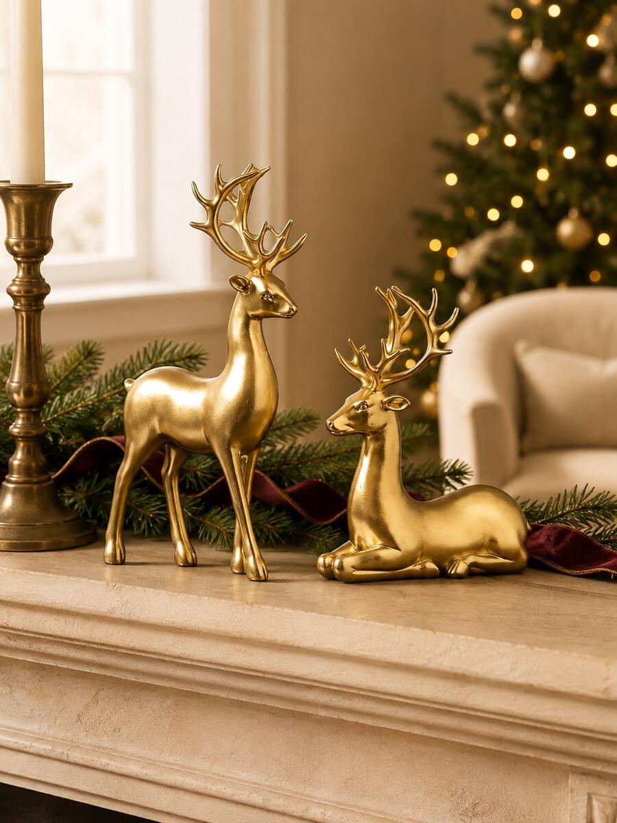 1pc Christmas Reindeer Decorative Figurine, Standing And Lying Deer Desktop Decor, Elegant Holiday Ornament, Suitable For Fireplace Mantel, Fireplace, Shelf, Living Room, Entryway, Office, Winter Christmas Home Decor - 1PC - View 1