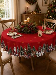 1件紅色「Merry Christmas」印花派對桌布（附聖誕老人與雪人圖案），聚酯纖維材質，適合居家廚房或節日餐桌裝飾桌布 - 彩色 - 查看 2