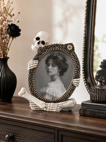 1pc Gothic Skull Photo Frame, Vintage Skeleton Tabletop Picture Frame With Ornate Oval Design, Decorative Frame For Desk, Bookshelf, Mantel & Home Decor - A - View 7