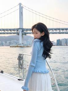 1pc Solid Color Knit Cardigan With Frill Trim, Suitable For Evening Date, Holiday, Office, Home, Daily Wear, Autumn/Winter, Blue - Sky Blue - View 3