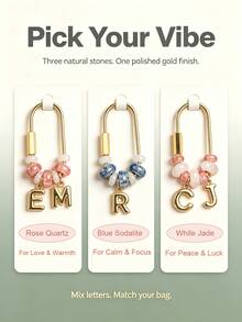 Personalized Initial Natural Stone Bag Charm Keychain, Fashion Jewelry Gift, Suitable For Women's Birthday, Bridesmaid, Daily Wear, Compatible With Tote Bags And Shoulder Bags - Multicolor - View 4
