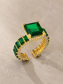 A Luxury Charming Elegant Gold-Colored Open Ring, Suitable For Women As Date Commitment Or Engagement Jewelry - Green - View 3