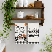 2PCS Kitchen Towels Autumn Black & White Plaid Pumpkin Truck Pattern, Pastoral Farm Style Microfiber Material Soft Kitchen Towels Dish Cloths, Hand Towels, Tablecloths, Kitchen Decor, Kitchen Cleaning, Bathroom Cleaning, Holiday Party Decor, Kitchen & Bathroom Supplies Home Essentials, Home Decor, Housewarming Gift - Black and White - View 6