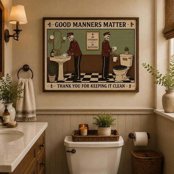 Póster divertido para baño, arte de pared con esqueleto, letrero de "por favor permanezca sentado", decoración de humor vintage para inodoro, impresión peculiar para baño de invitados, impresión en lienzo de esqueleto para baño sin marco