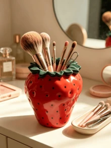1pc Multifunctional Desktop Organizer, Cute Strawberry Shaped Multipurpose Storage Can, Makeup Brush Holder, Pen Holder, Flower Vase; Suitable For Vanity, Dorm Desk; Sweet Cool Style Room Decor, Macaron Home Ornament, Niche Personalized Desktop Decoration, Atmosphere Desktop Accessory - Multicolor - View 3