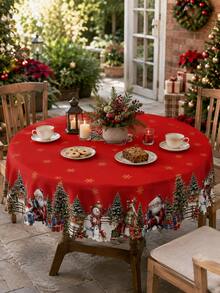 1件紅色「Merry Christmas」印花派對桌布（附聖誕老人與雪人圖案），聚酯纖維材質，適合居家廚房或節日餐桌裝飾桌布 - 彩色 - 查看 5
