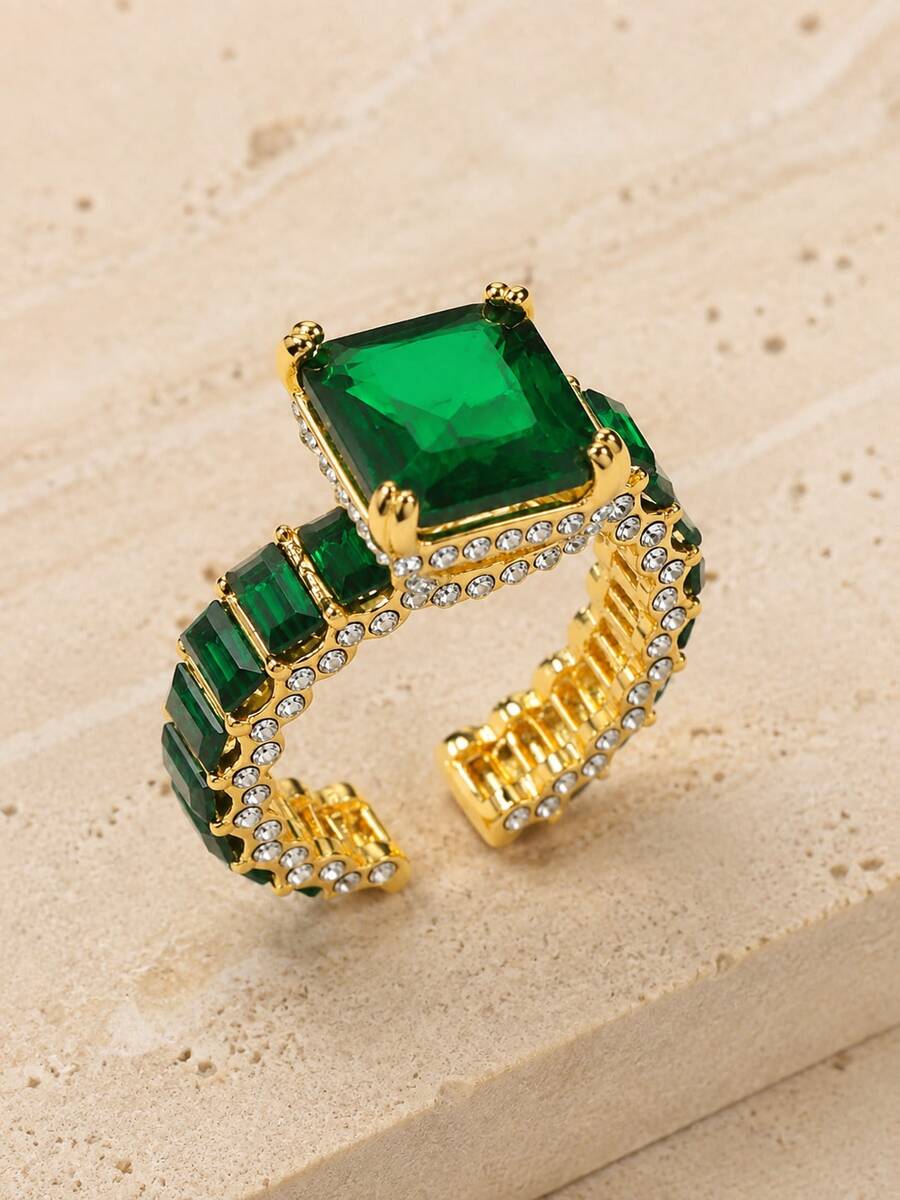 A Luxury Charming Elegant Gold-Colored Open Ring, Suitable For Women As Date Commitment Or Engagement Jewelry - Green - View 1