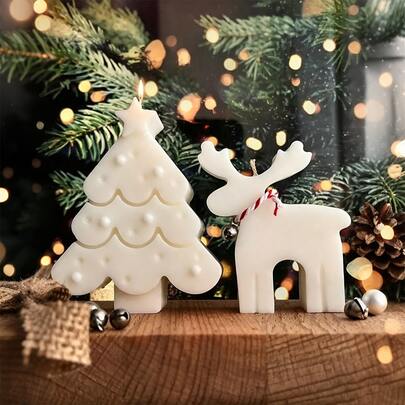2pcs/Set Christmas Reindeer + Christmas Tree Candle Mold Silicone Mold - Suitable For DIY Aromatherapy Candles, Clay, Epoxy Resin And Gypsum Crafts Casting And Making, Home Decor, Christmas Holiday Creative Gift Silicone Mold