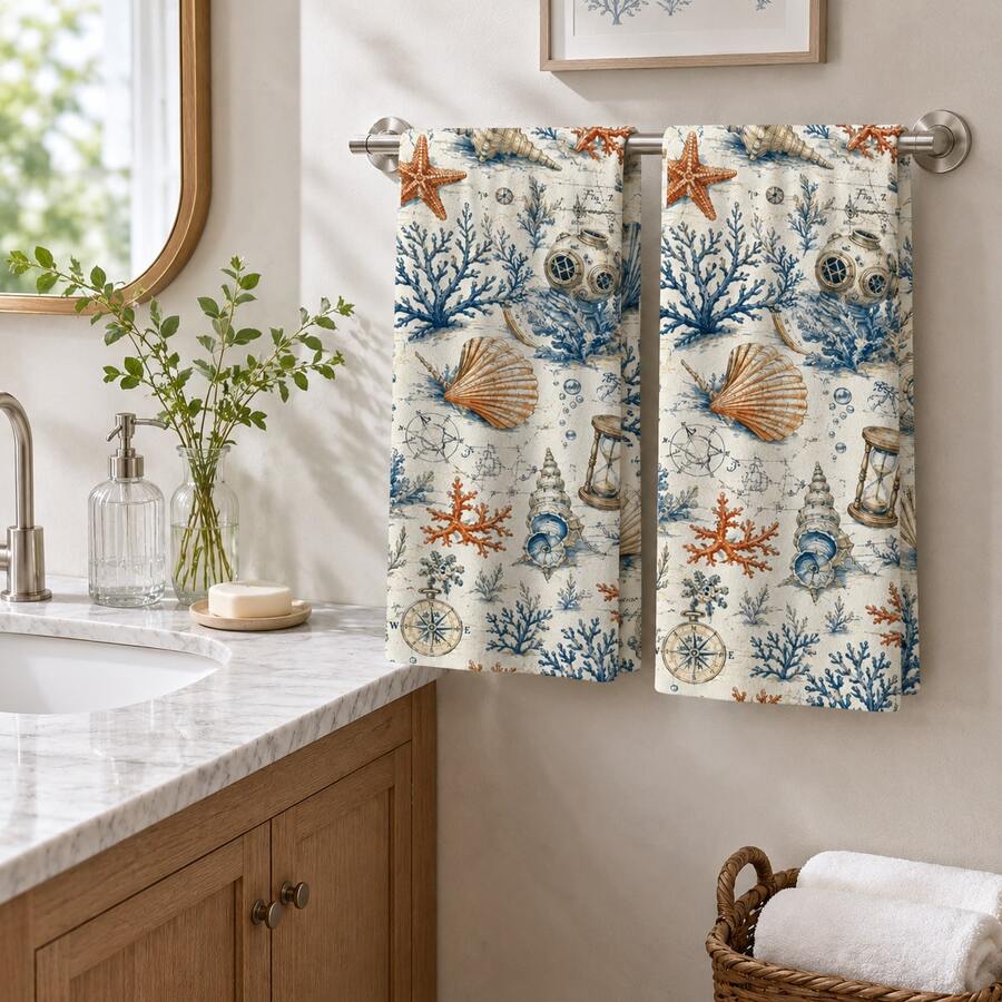 2pcs Ocean Theme Hand Towels - Modern Marine Animal Pattern, Durable Polyester Material, Machine Washable, Suitable For Bathroom And Kitchen Decor, Create Coastal Home Atmosphere | Ocean Theme Decor | - Multicolor - View 1