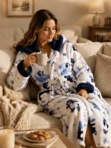 1pc Autumn/Winter Relaxed Multi-Color Animal & Fruit Print Flannel Long Bathrobe With Two Pockets, Tie Waist, Hooded Couple Robe - Multicolor - View 3