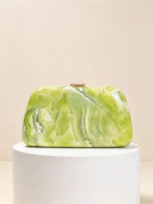 1件裝奢華綠色大理石紋理方型手拿包，金色葉飾框架硬殼晚宴包，正裝禮服用奢華迷你單肩包 - 黃色 - 查看 7