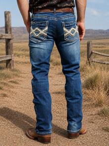 American Western Ranch Style Deep Blue Denim Jeans, Contrast Stitching Back Pockets With Diamond Embroidery, Stretch Slim Straight Leg Vintage Casual Denim Pants For Men - Blue - View 2
