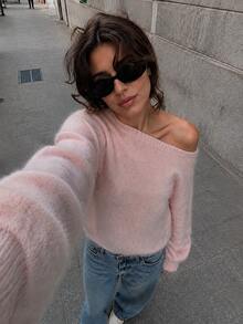 Women's Cozy Pink Off-The-Shoulder Knitted Top With Long Drop Shoulder Sleeves, Regular Length Medium Stretch Sweater For Fall And Winter. - Pink - View 5