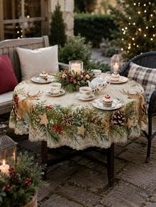 2026 Christmas Decor: Beige Polyester Tablecloth With Reindeer And Forest Pattern, Suitable For Winter Holiday Garden Party Or Kitchen Dining Table, Creating Festive Christmas Atmosphere - Multicolor - View 7