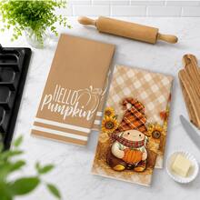 2PCS Kitchen Towels Autumn Brown Gnome Pumpkin Pattern, Pastoral Farm Style Microfiber Material Soft Kitchen Towels Dish Cloths, Hand Towels, Tablecloths, Kitchen Decor, Kitchen Cleaning, Bathroom Cleaning, Holiday Party Decor, Kitchen Bathroom Supplies Home Essentials, Home Decor, Housewarming Gift - Orange - View 5