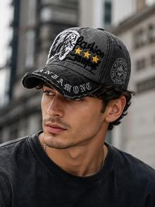 1pc Vintage Washed Denim Baseball Cap, Letter Embroidery, Distressed Frayed Brim, Adjustable Casual Outdoor Sports Sun Hat, Unisex - Letter Embroidery Style - View 1