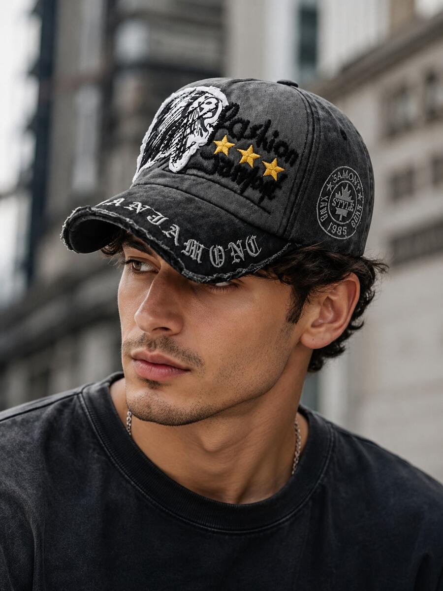1pc Vintage Washed Denim Baseball Cap, Letter Embroidery, Distressed Frayed Brim, Adjustable Casual Outdoor Sports Sun Hat, Unisex - Letter Embroidery Style - View 1