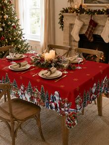 1件紅色「Merry Christmas」印花派對桌布（附聖誕老人與雪人圖案），聚酯纖維材質，適合居家廚房或節日餐桌裝飾桌布 - 彩色 - 查看 6